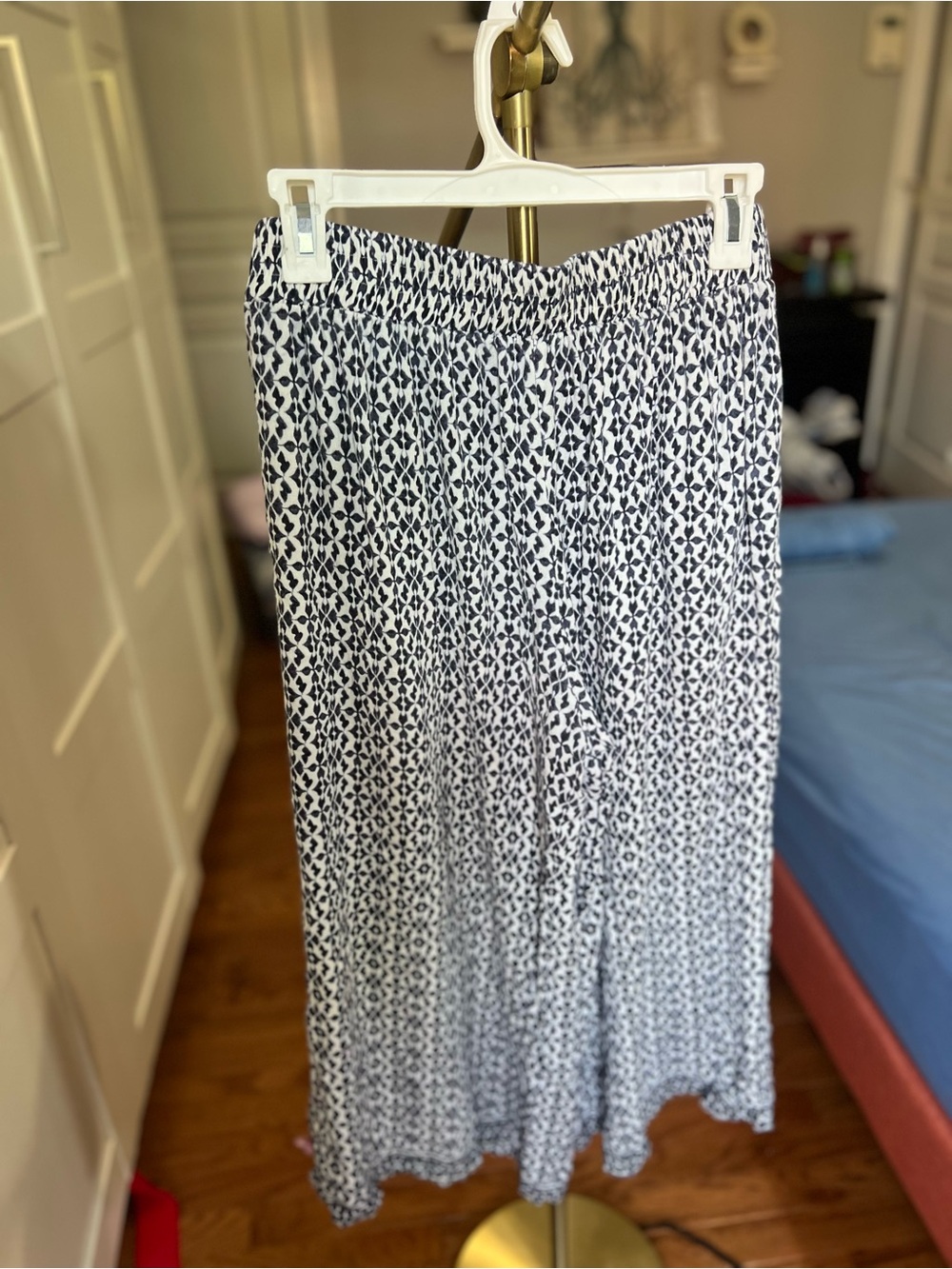 Navy and White Printed Wide Leg Pants